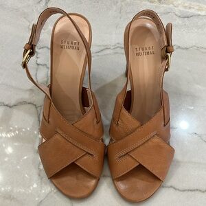 Stuart Weitzman Tan Leather Stacked Heel Sandles